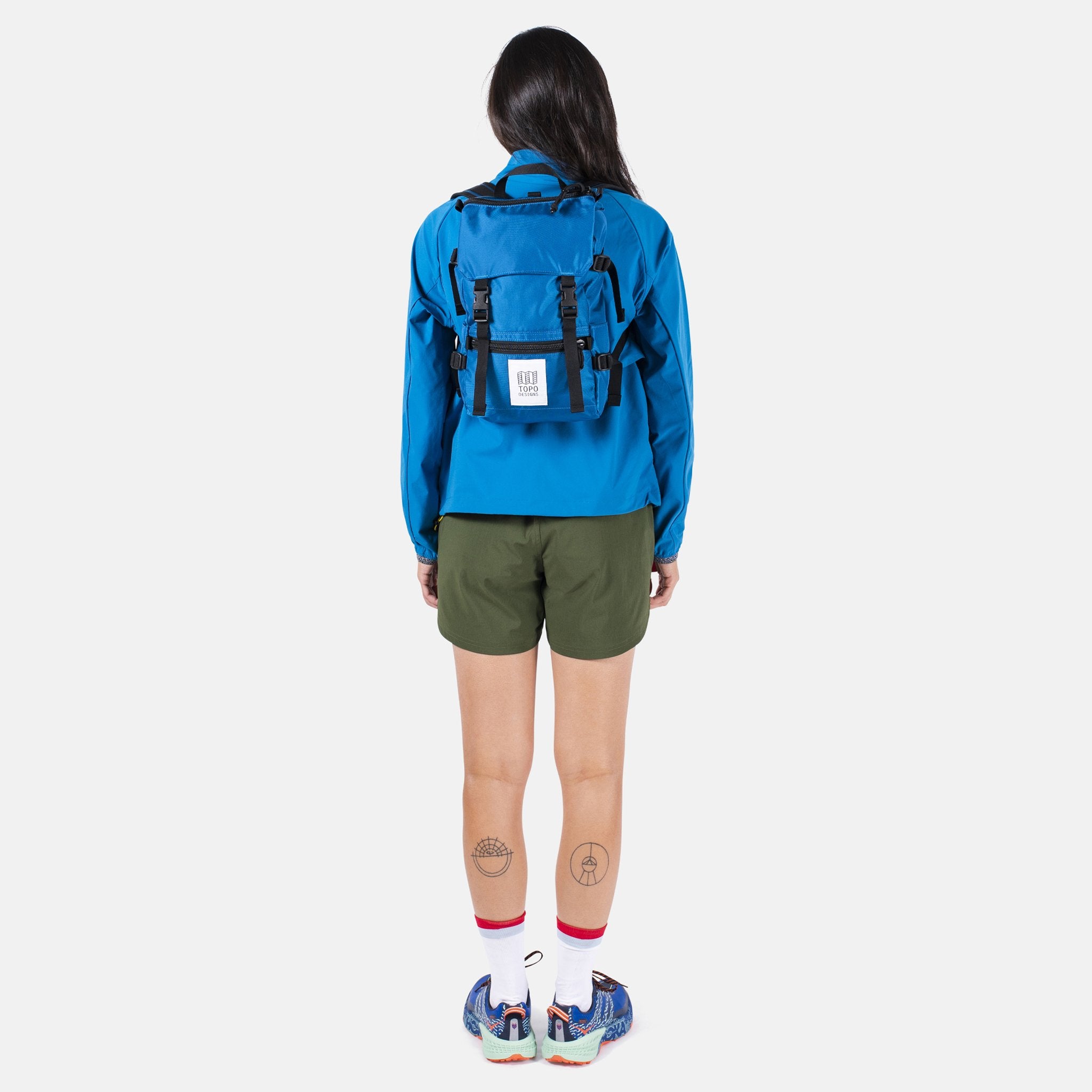 Back Model Shot of the Topo Designs Rover Pack Mini in Blue