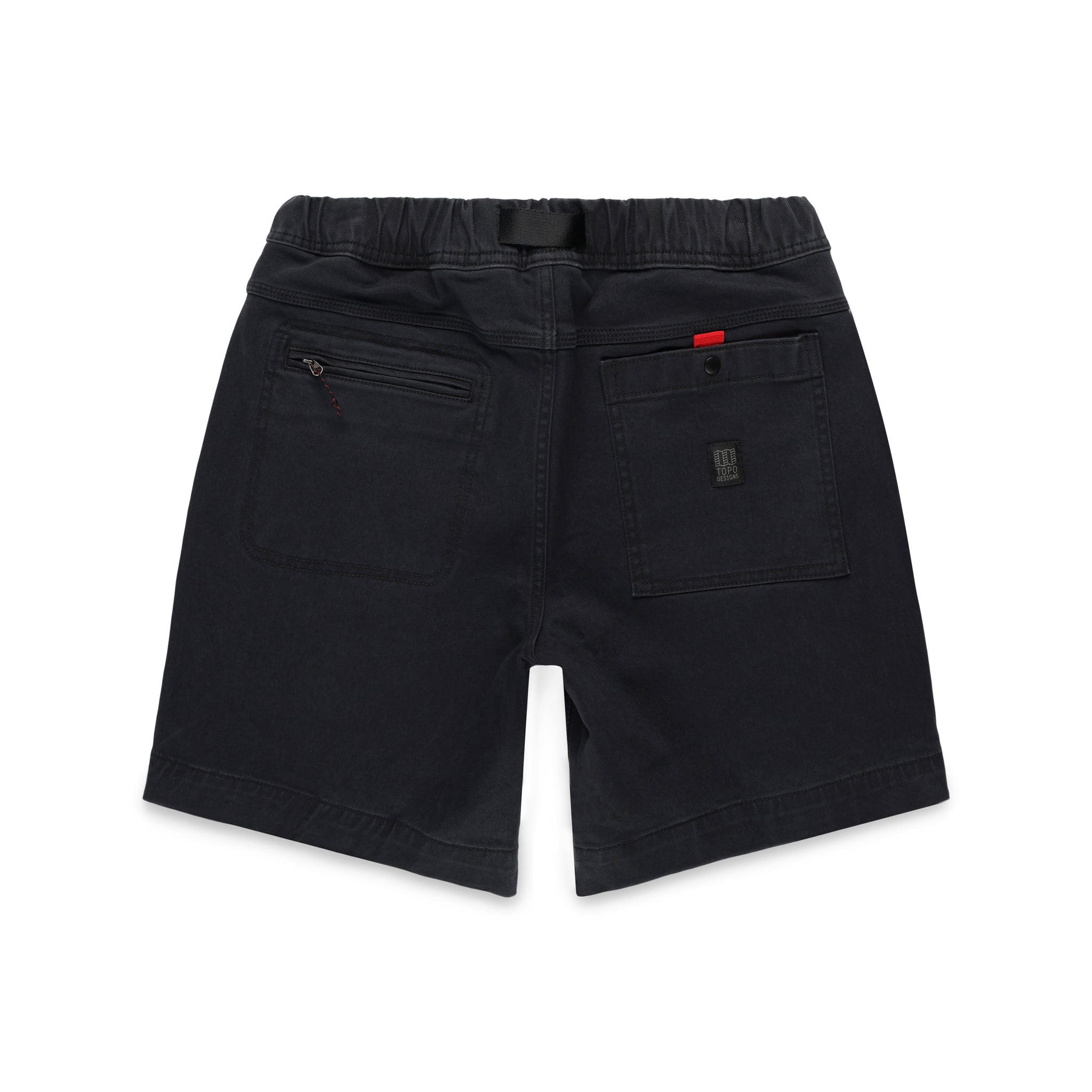 Back pockets on Topo Designs Men's Mountain organic cotton Shorts in Black.