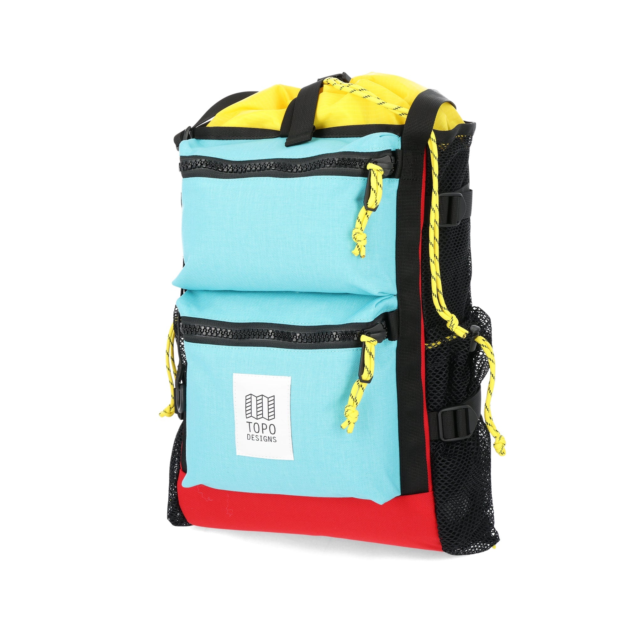 Topo Designs River Bag cinch top tote backpack with mesh sides in "Capri" blue recycled nylon.