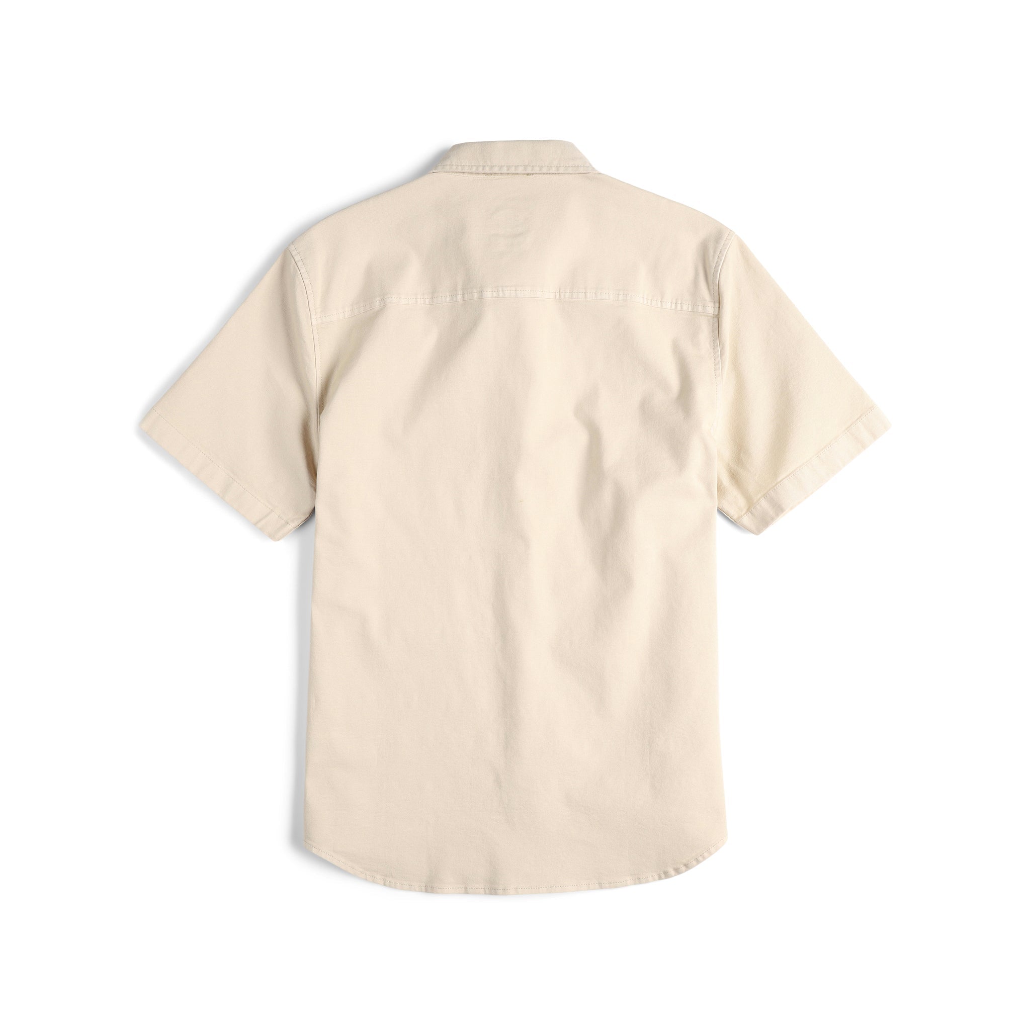 Back shot of Topo Designs Men's Short Sleeve 100% organic cotton button up Dirt Shirt in "Sand" white.