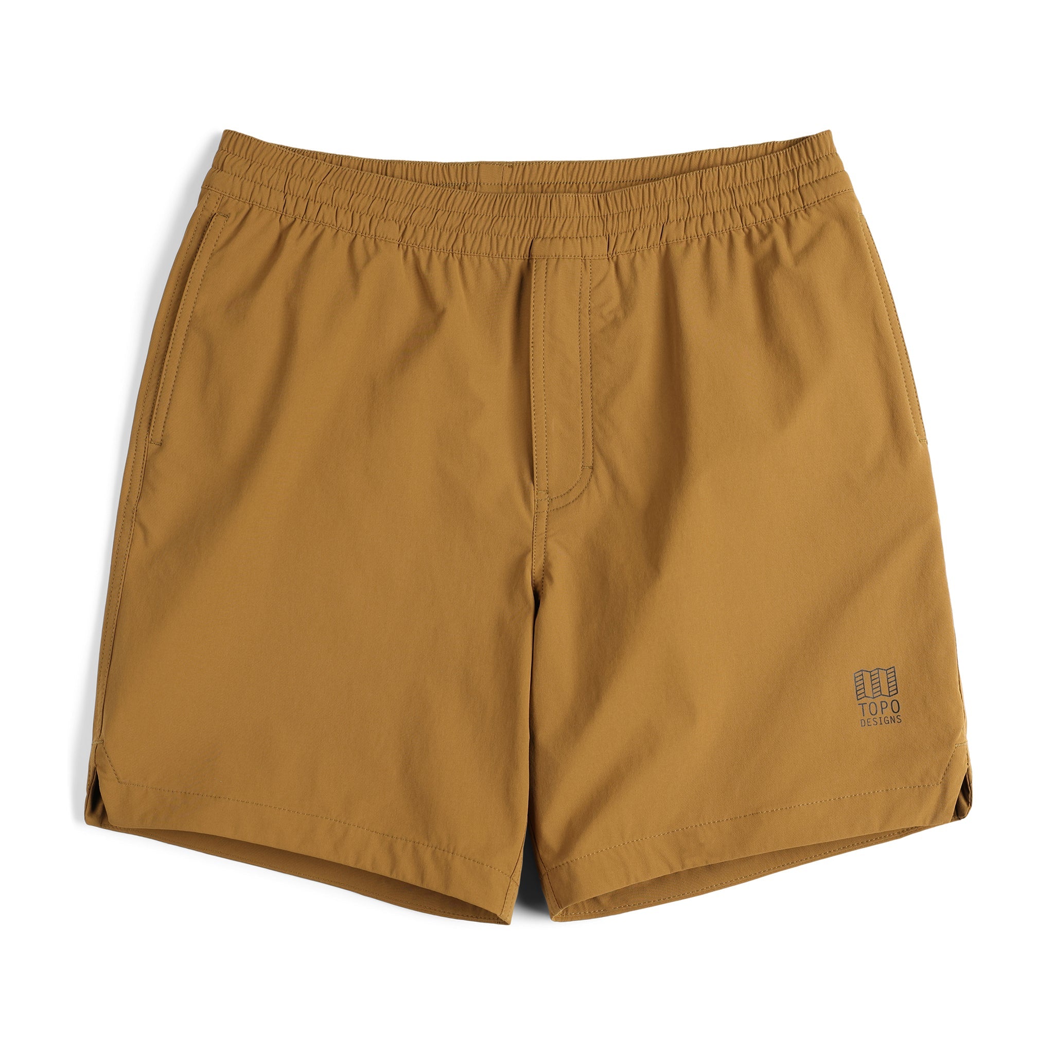 Topo Designs Men's Global lightweight quick dry travel Shorts in "Dark Khaki" brown.