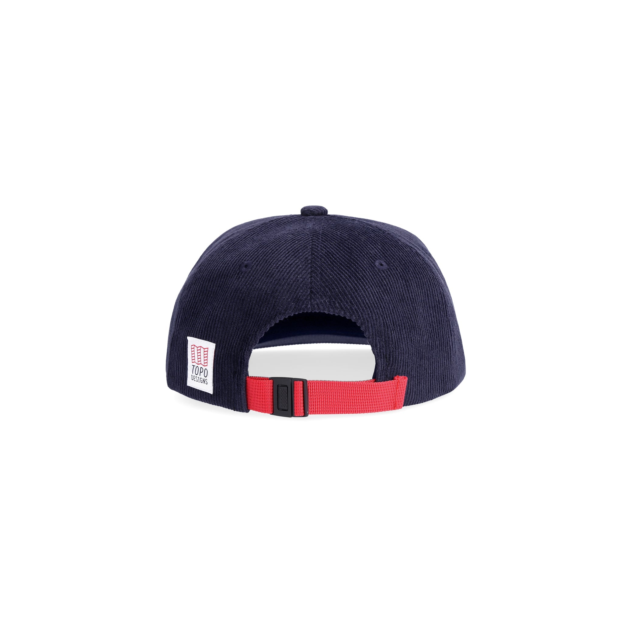 Back shot of Topo Designs Corduroy Trucker Hat with Sunrise graphic patch on "Navy" blue.