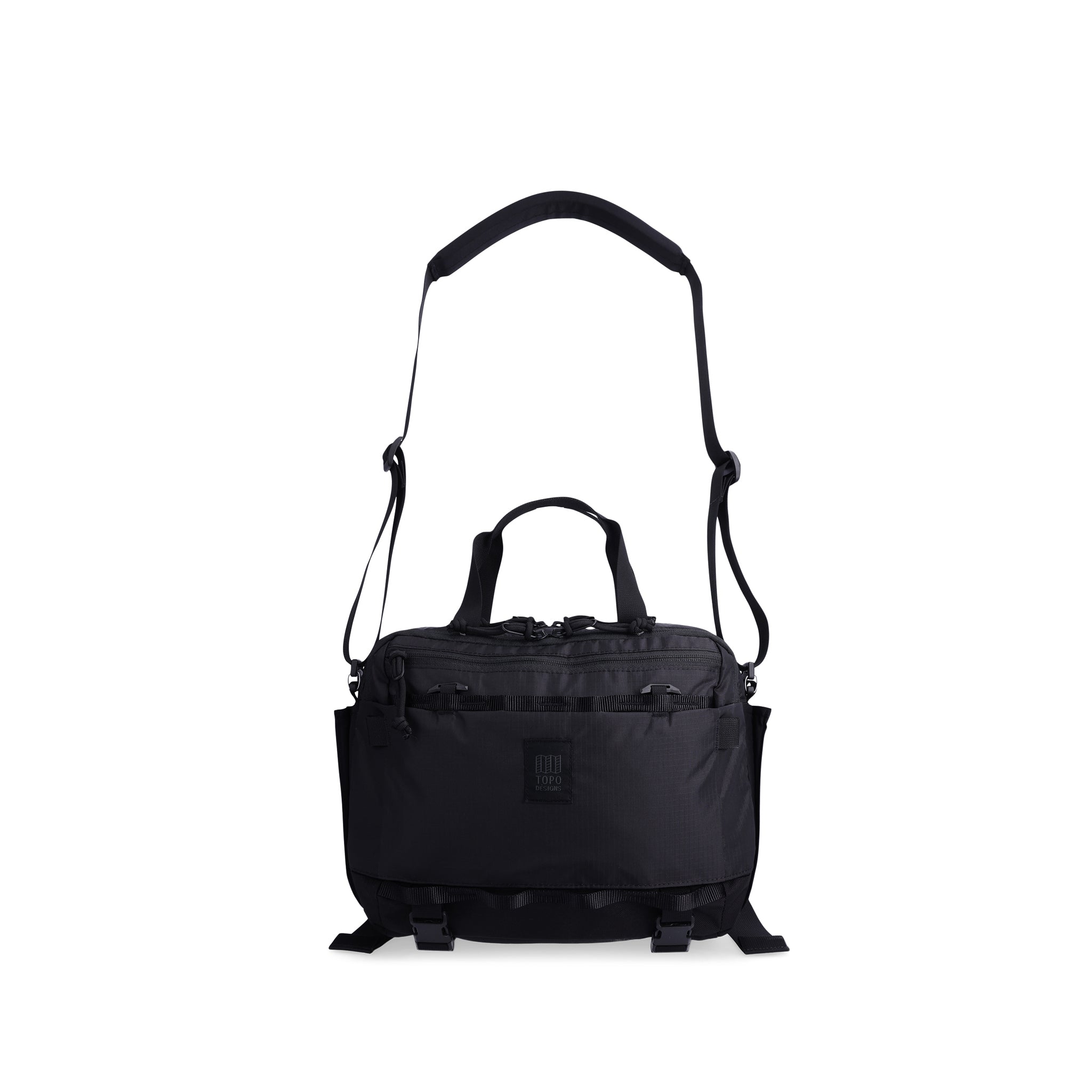Front view of Topo Designs Mountain Cross Bag in recycled "Black" nylon.