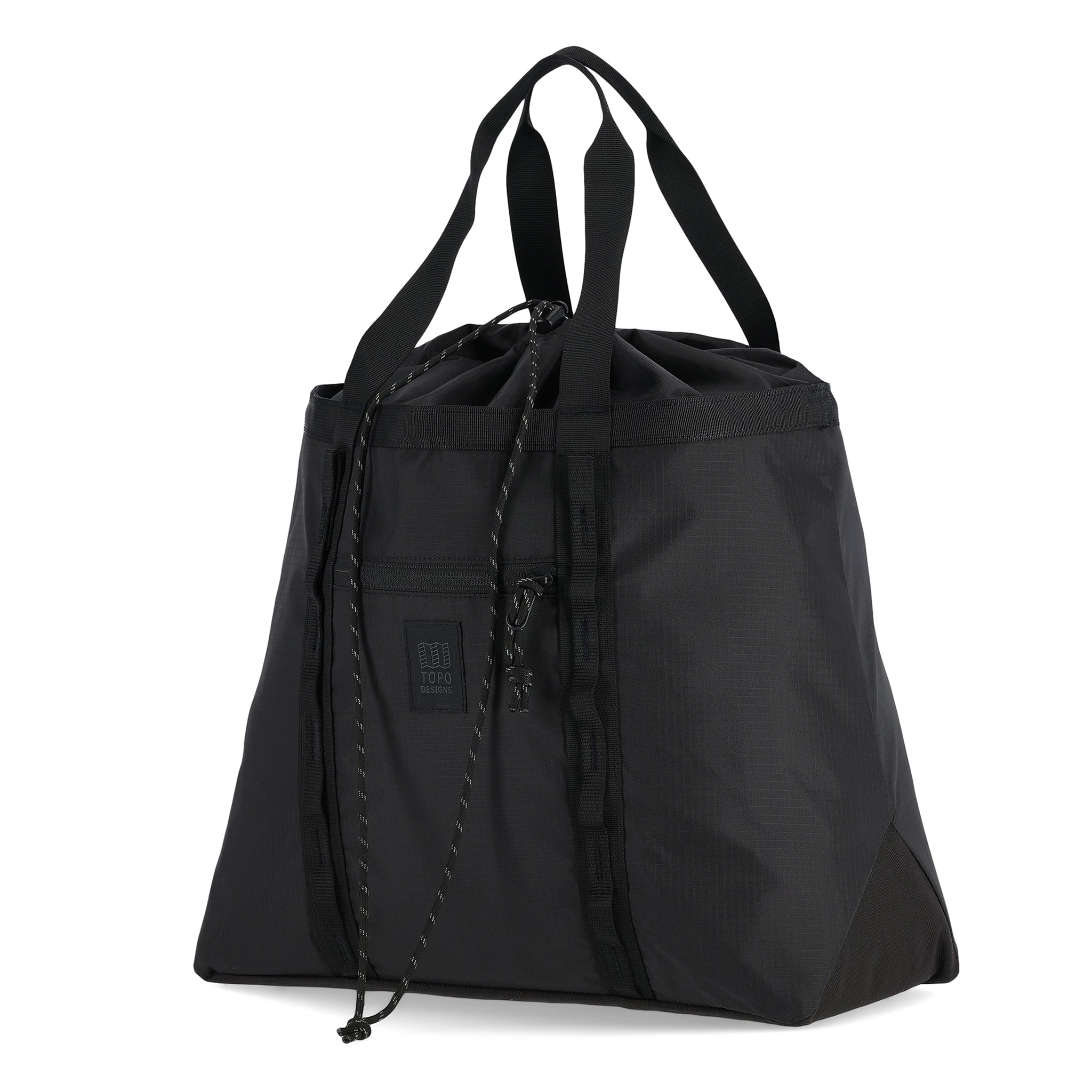 Side view Topo Designs Mountain Utility Tote Bag hauler in lightweight recycled "Black" nylon.