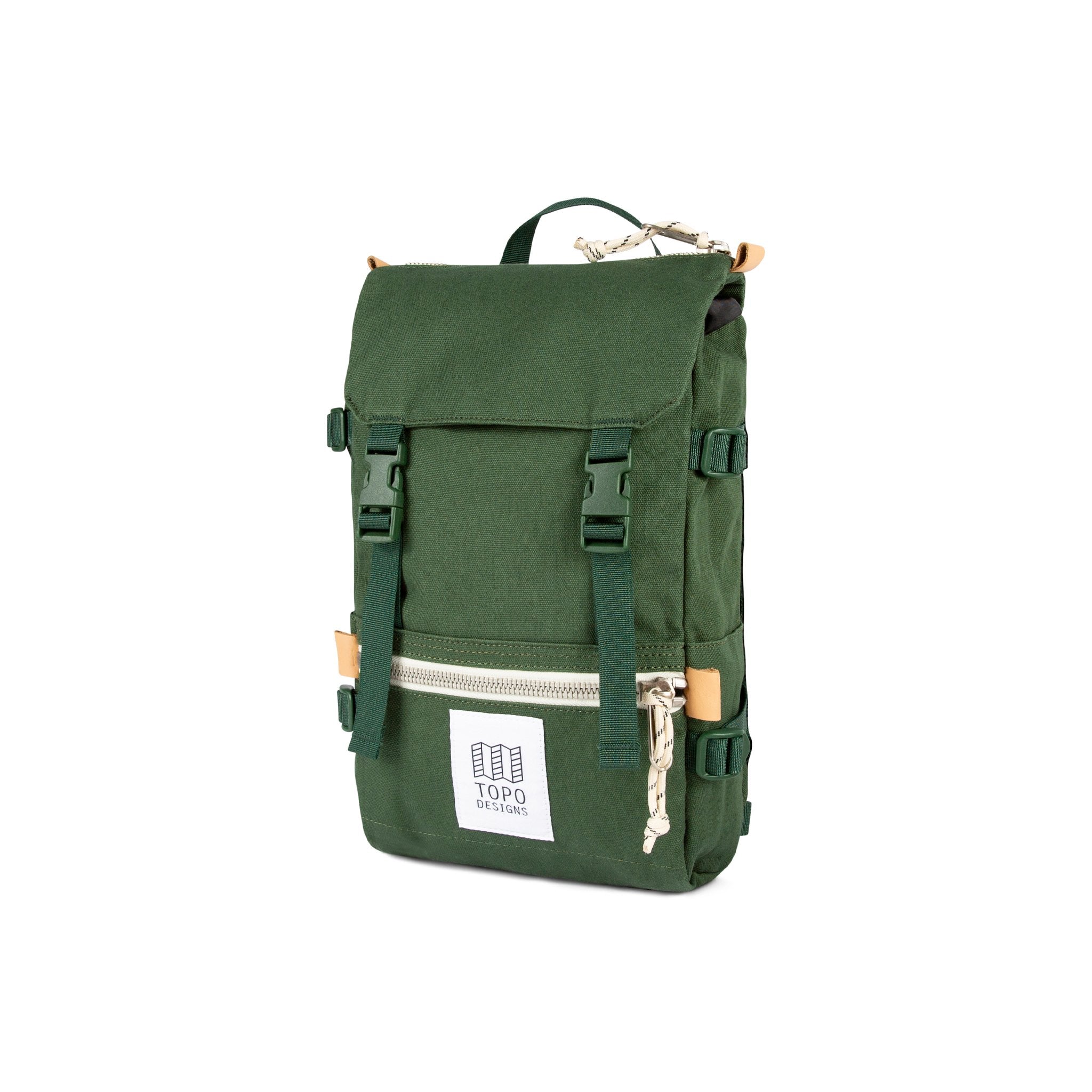 3/4 front product shot of Topo Designs Rover Pack Mini in Forest green canvas.