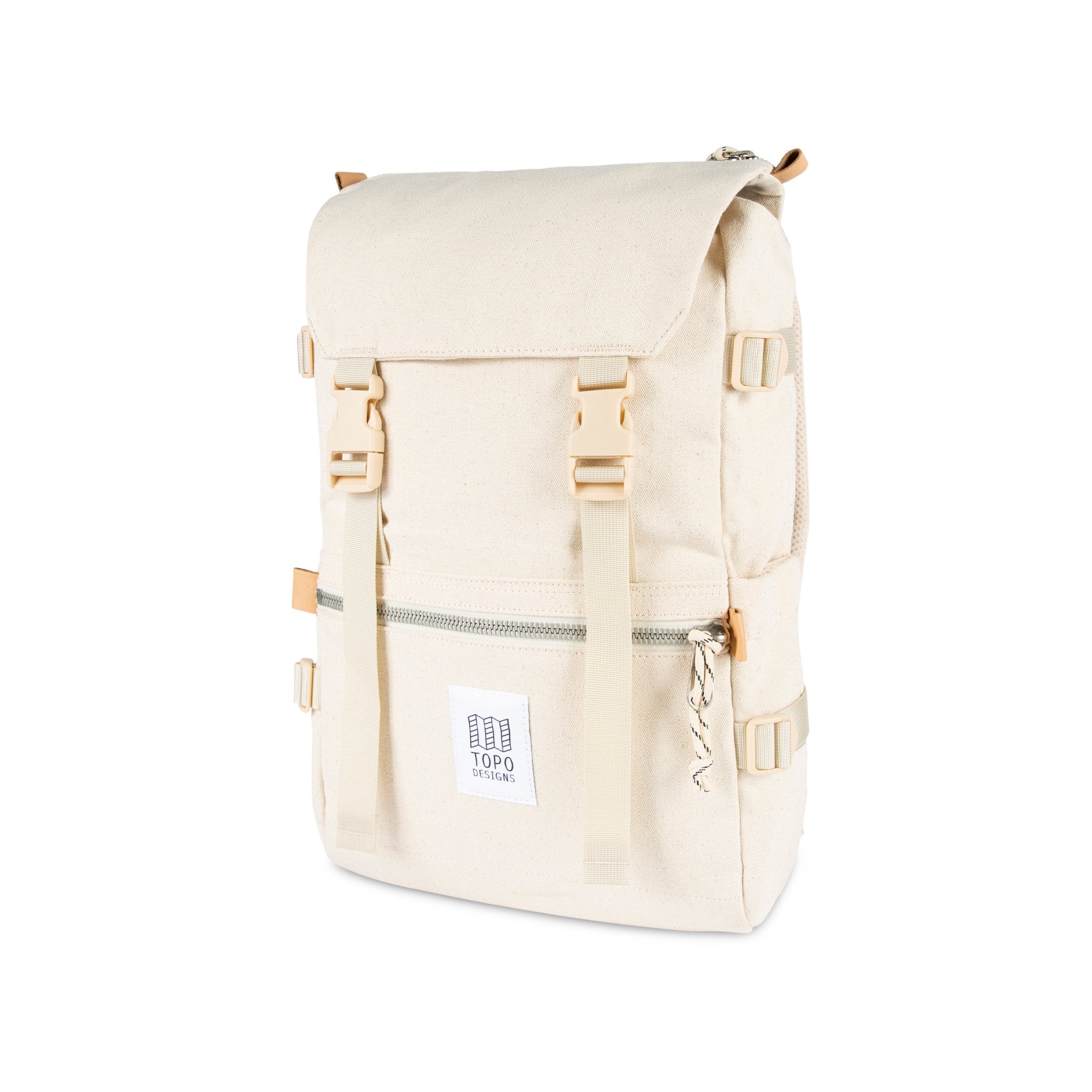 3/4 front product shot of Topo Designs Rover Pack in Natural white canvas.