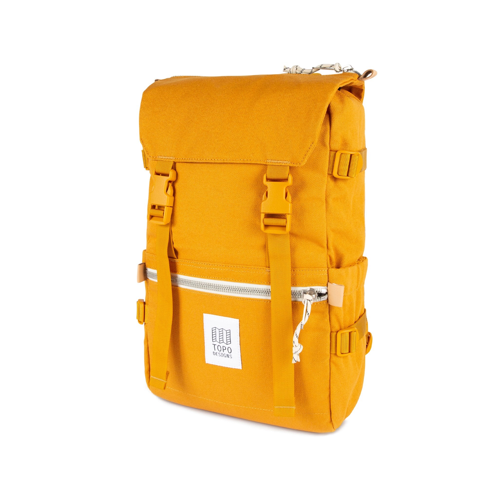 3/4 front product shot of Topo Designs Rover Pack in Mustard yellow canvas.