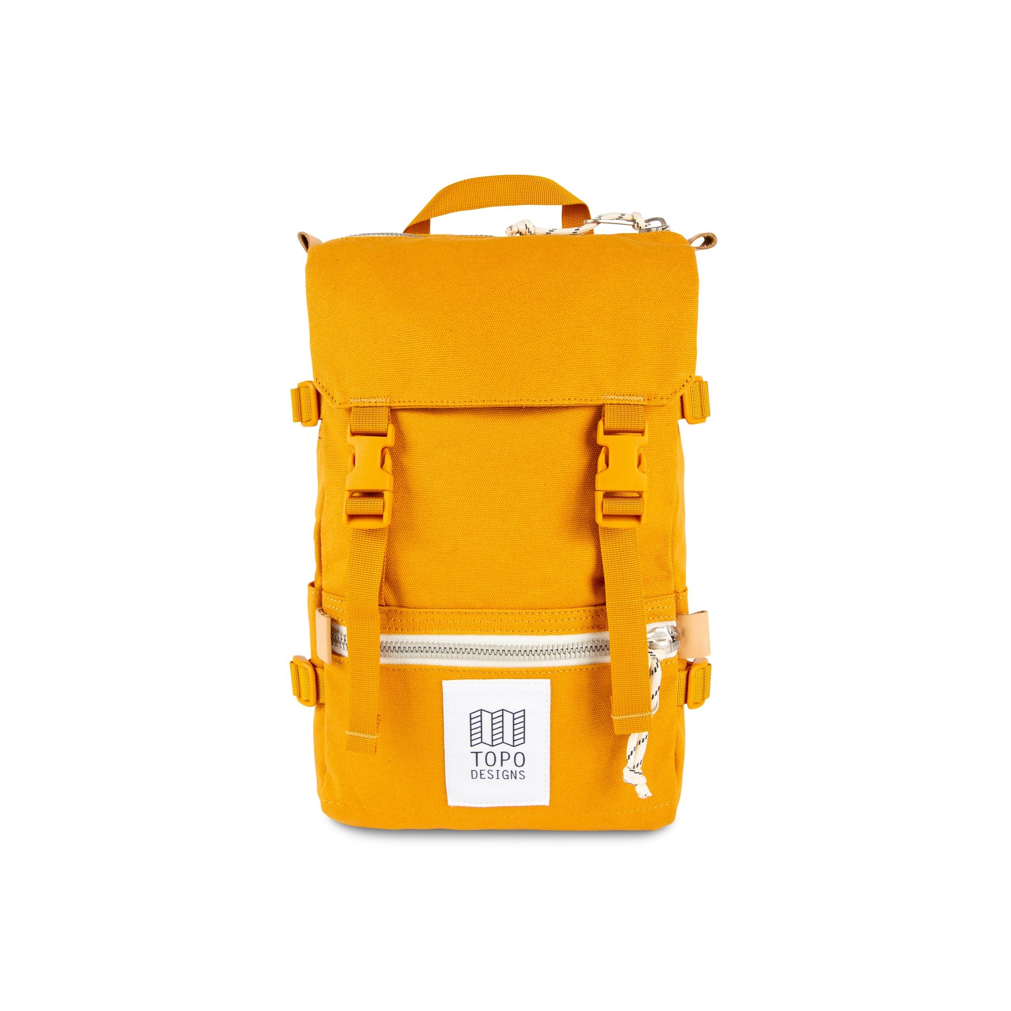 Front product shot of Topo Designs Rover Pack Mini in Mustard yellow canvas.