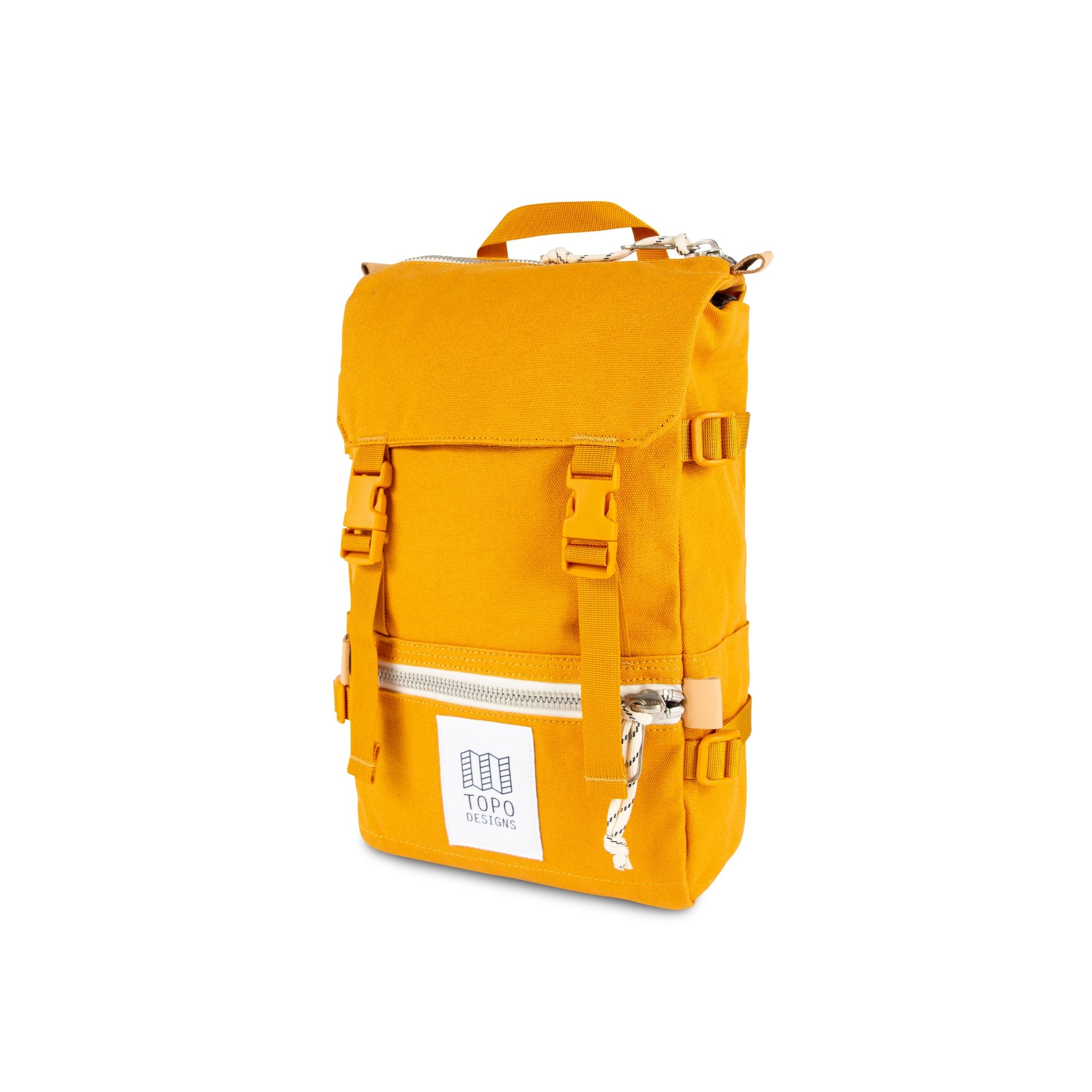 3/4 front product shot of Topo Designs Rover Pack Mini in Mustard yellow canvas.