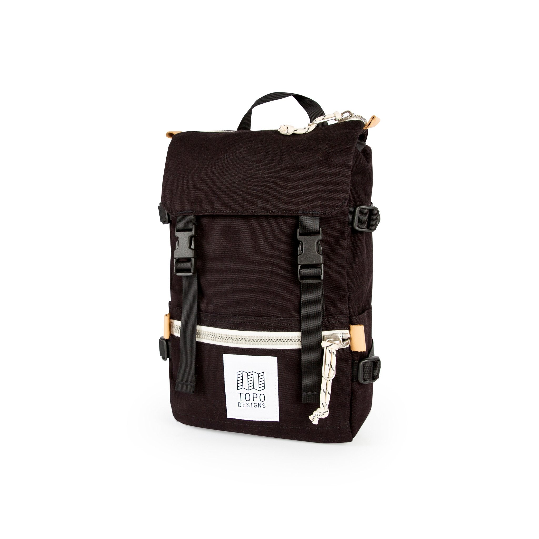 3/4 front product shot of Topo Designs Rover Pack Mini in Black canvas.