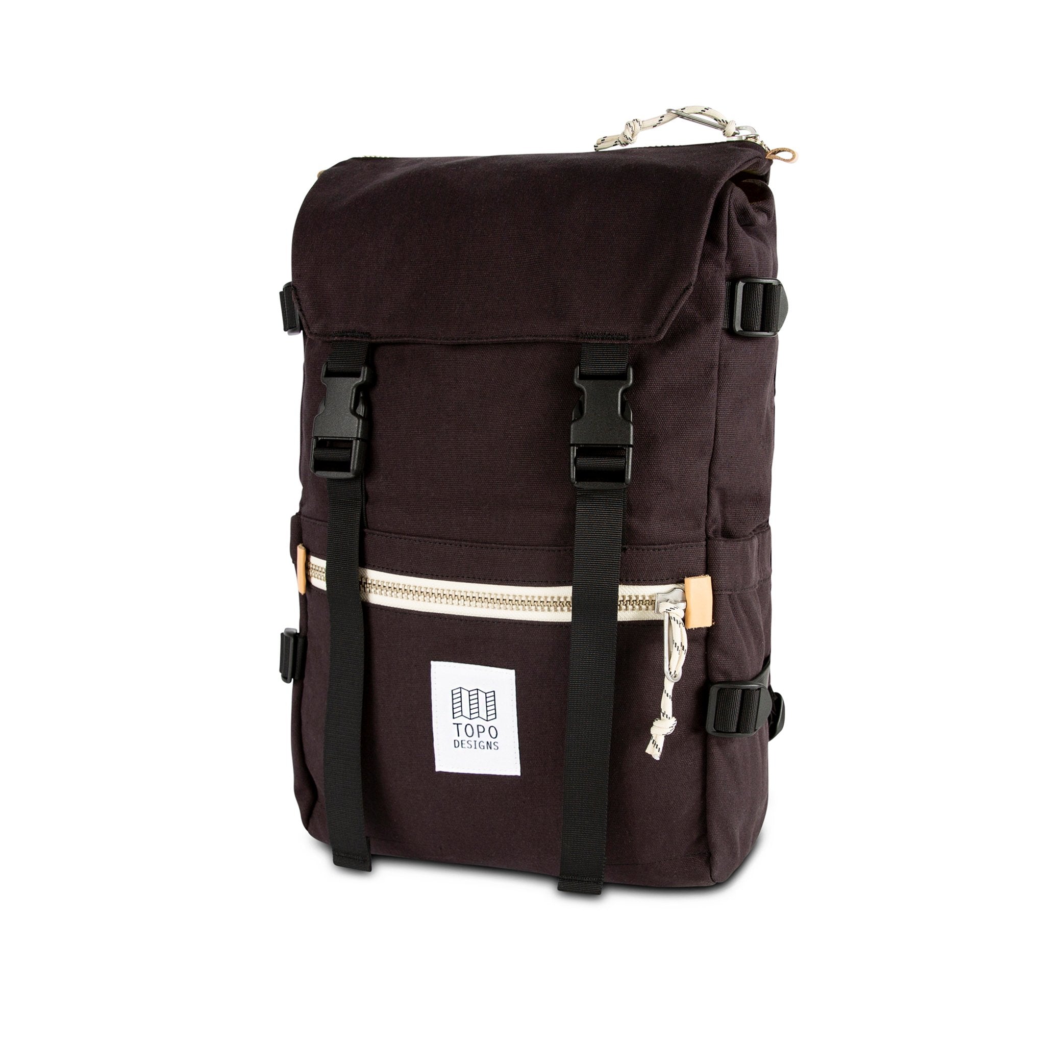 3/4 front product shot of Topo Designs Rover Pack in Black canvas.