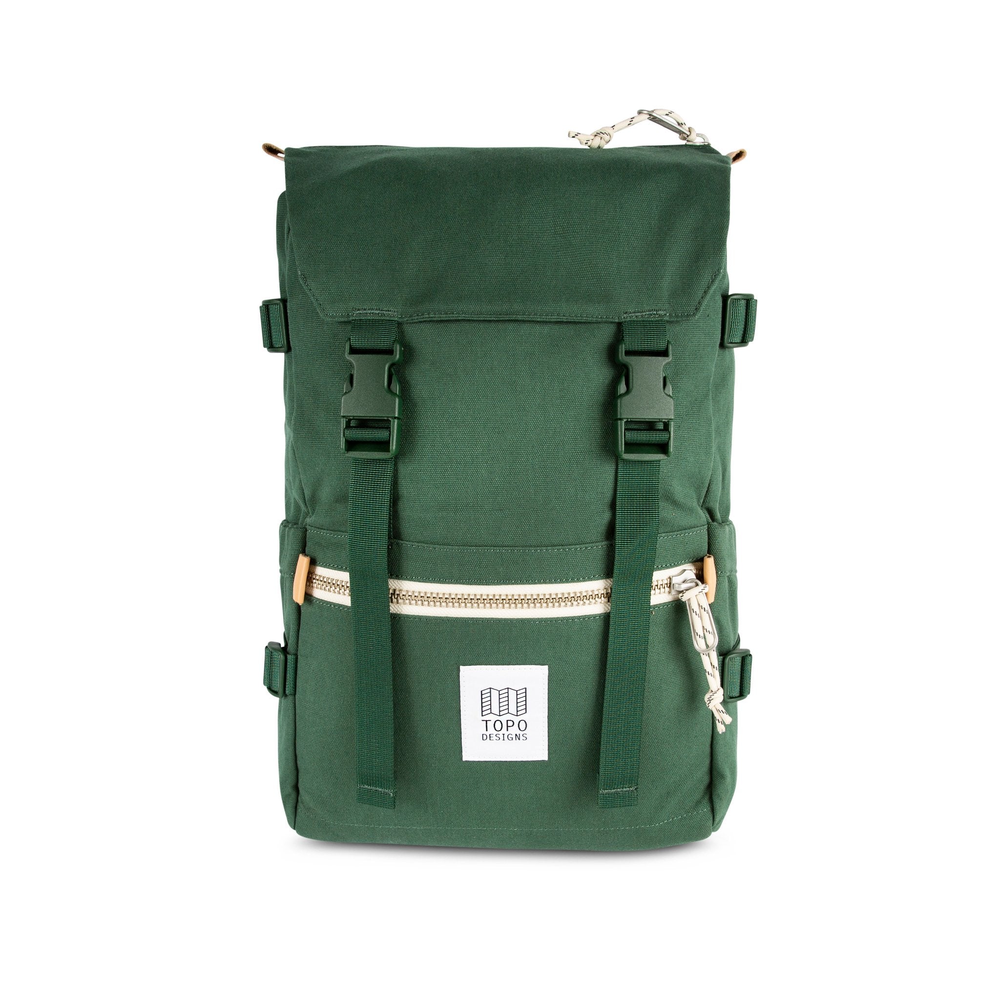 Front product shot of Topo Designs Rover Pack in Forest green canvas.