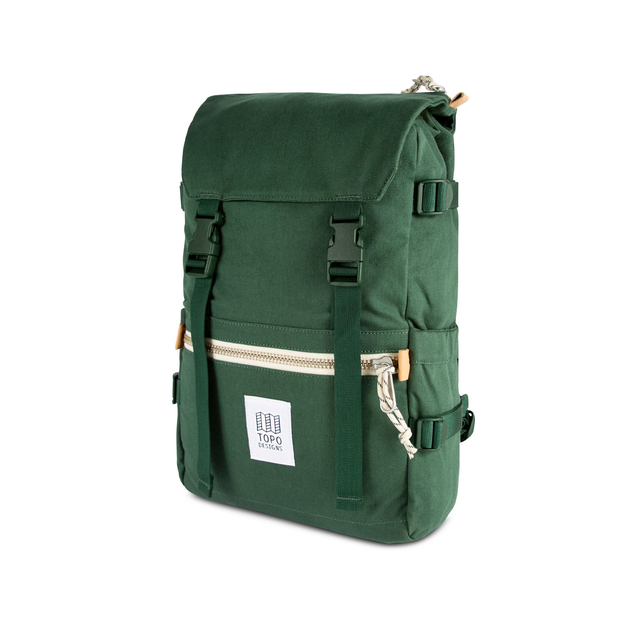 3/4 front product shot of Topo Designs Rover Pack in Forest green canvas.