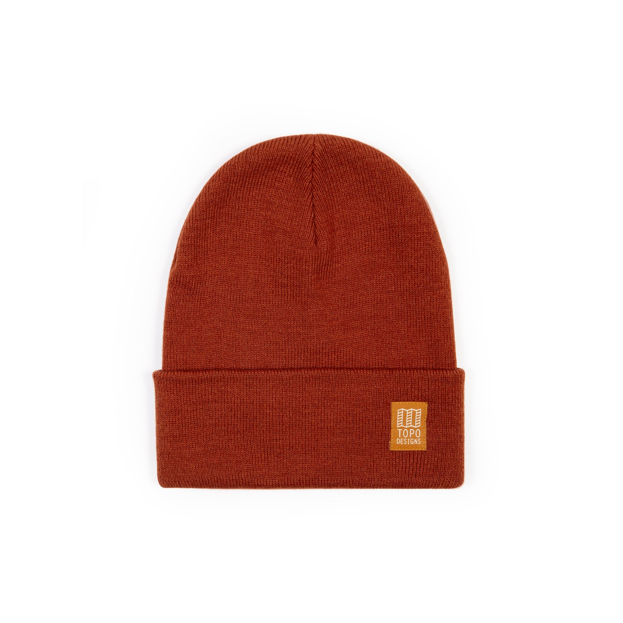 Topo Designs Work Cap cuffed beanie in "Clay" orange.